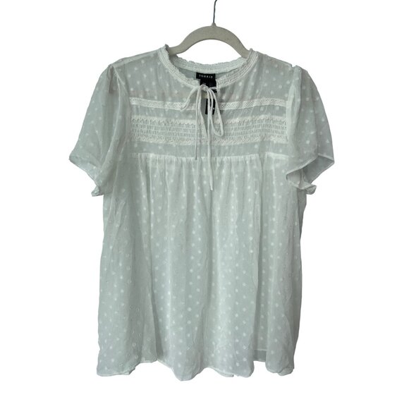 Torrid Peasant Blouse Size Medium Large Clip Dot Sheer Crinkle Gauze White NEW - Picture 3 of 10